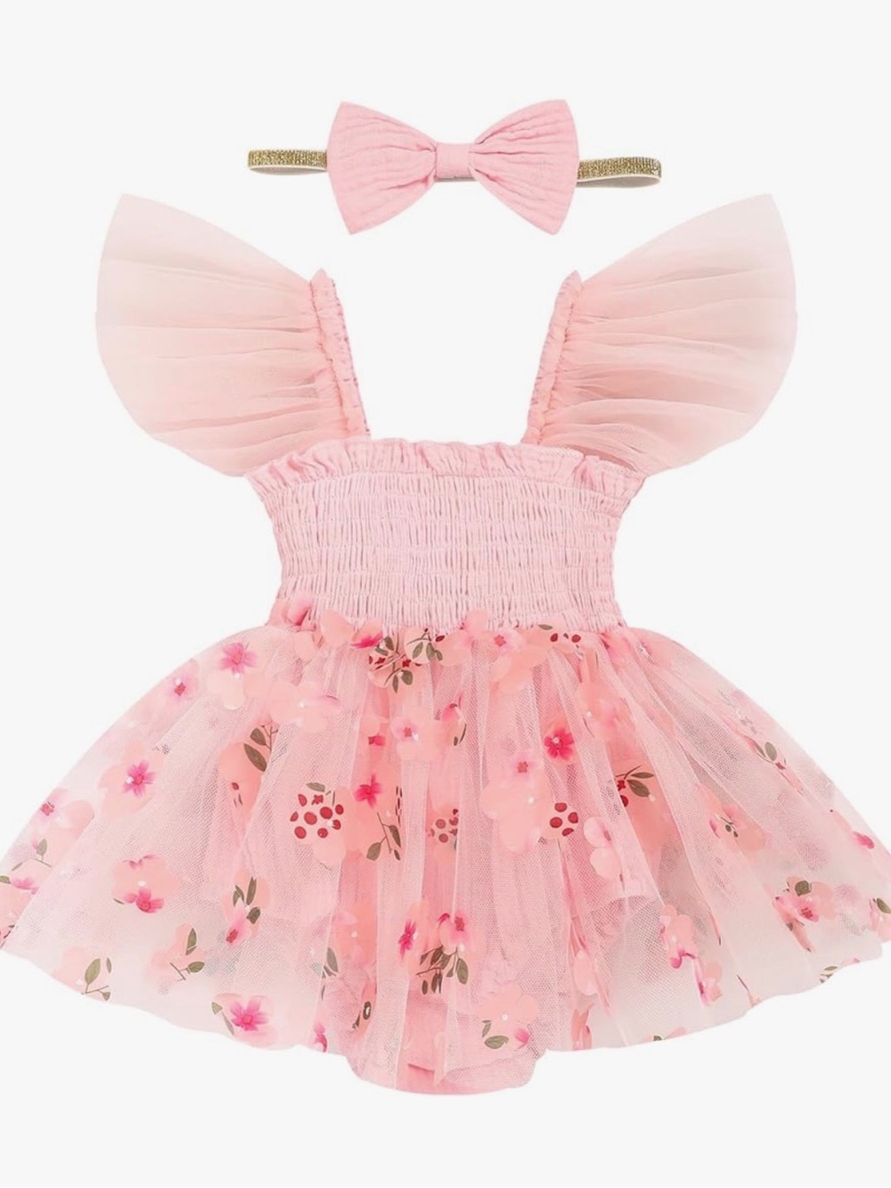 Pink Floral Tulle Dress with Bow Headband
